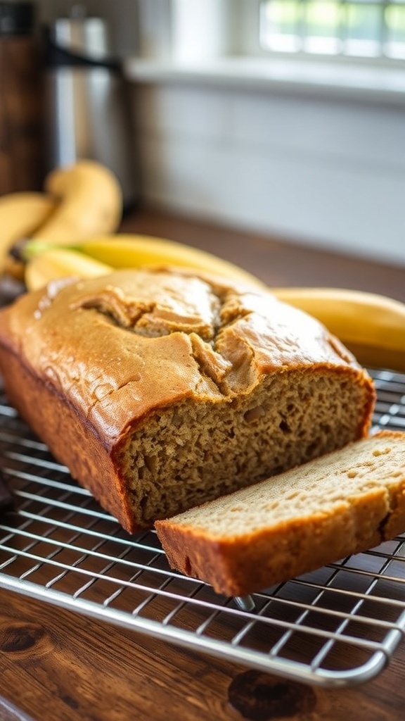 Simple 5-Ingredient Gluten-Free Banana Bread A loaf of gluten-free banana bread on a wire rack with ripe bananas, showcasing its moist texture.